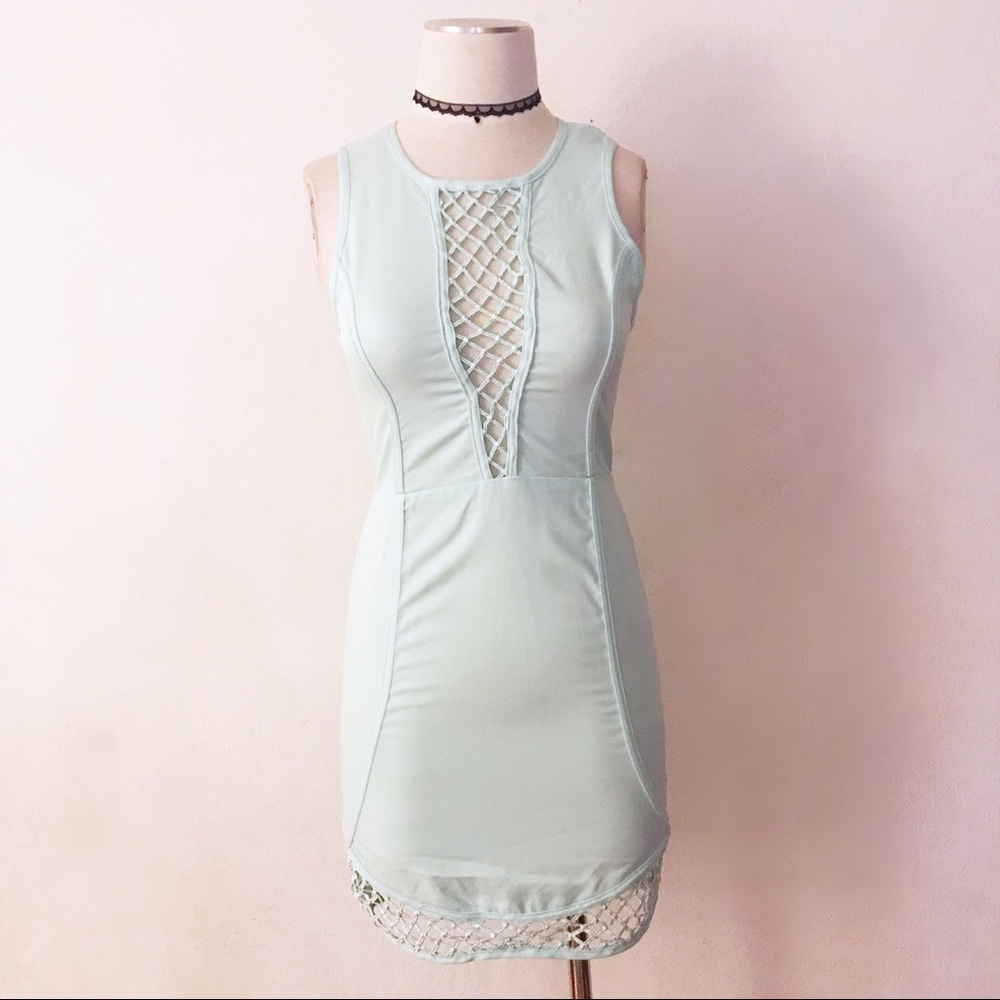 Deep Low Cut fishnet Sheer Neck Bodycon dress
